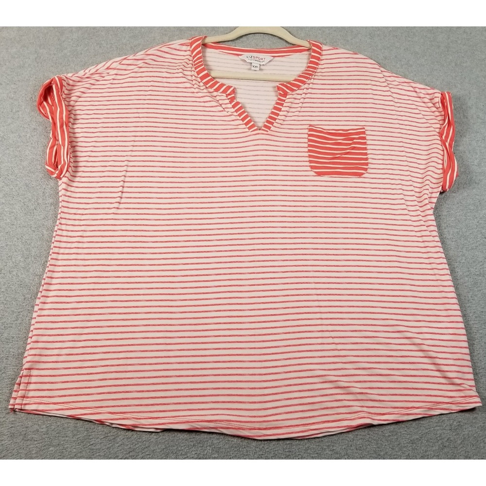 Liz Claiborne Top Womens XXL 2XL Pink White Striped See Through Short Sleeve Tee